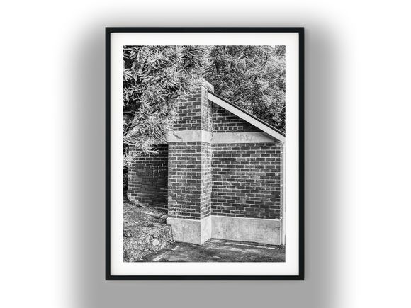 Brick Building Corner Surrounded by Foliage Black And White Photo Digital Download