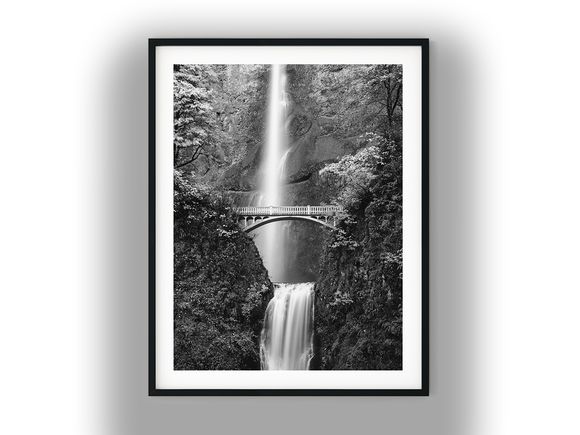 Benson Bridge and Multnomah Falls Waterfall Landscape Black and White Photo Digital Download