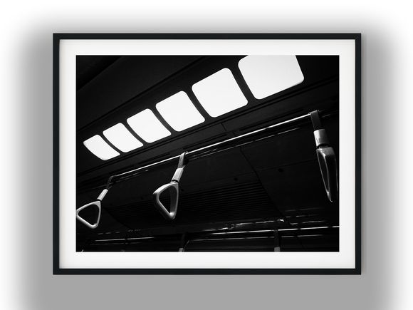 Commuter Train Passenger Handles and Ceiling Lights Black and White Photo Digital Download