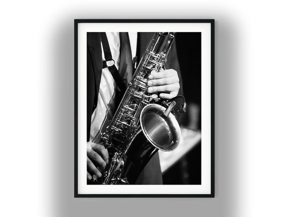 Musician Playing Saxophone in a Suit Black And White Photo Digital Download