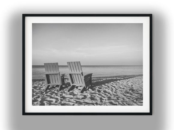 Two Adirondack Chairs on a Sandy Beach Black And White Photo Digital Download