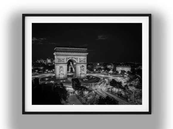 Arc de Triomphe Night Traffic, Paris Black and White Photo Digital Download