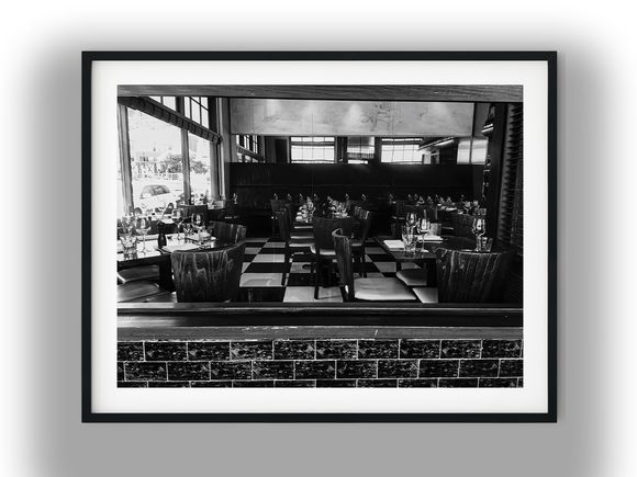 Empty Restaurant Dining Room with Checkerboard Floors Black And White Photo Digital Download