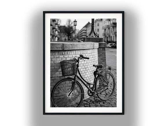 Vintage Bicycle Parked by Brick Wall Black and White Photo Digital Download