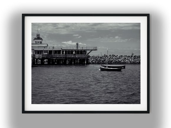 Historic St Kilda Pier Pavilion and Moored Boats Black and White Photo Digital Download