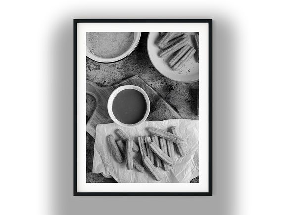 Fresh Churros with Chocolate Dipping Sauce Black And White Photo Digital Download