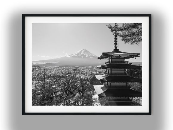 Chureito Pagoda Overlooking Mount Fuji in Winter Black and White Photo Digital Download