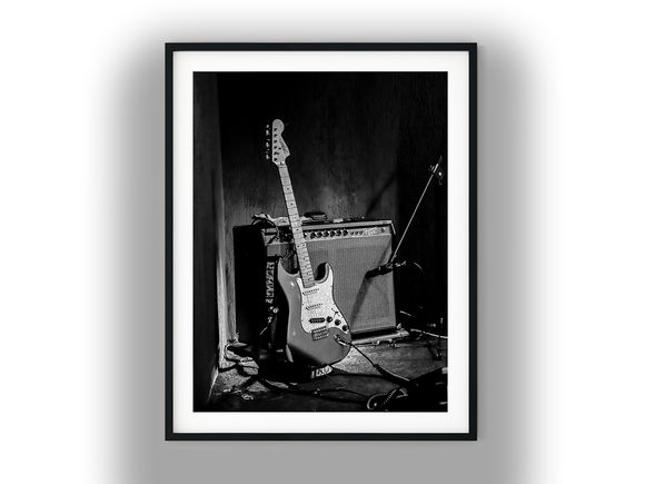 Electric Guitar Leaning Against Stage Amplifier Black And White Photo Digital Download