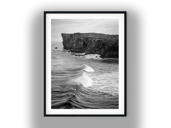 Crashing Ocean Waves Against Rugged Sea Cliffs Black and White Photo Digital Download