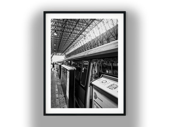 MRT Train at Elevated Station Platform Black and White Photo Digital Download