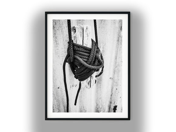 Knotted Braided Rope on Weathered Wooden Cleat Black and White Photo Digital Download