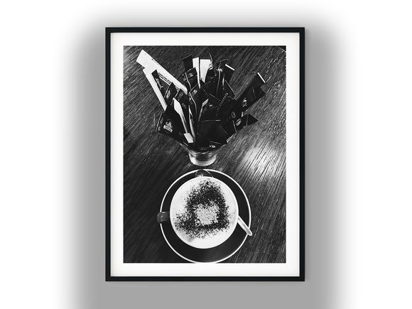 Cappuccino and Sugar Packets on Wooden Table Black And White Photo Digital Download