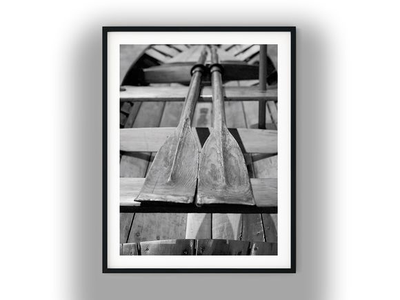Wooden Oars Resting Inside a Rowboat Black And White Photo Digital Download
