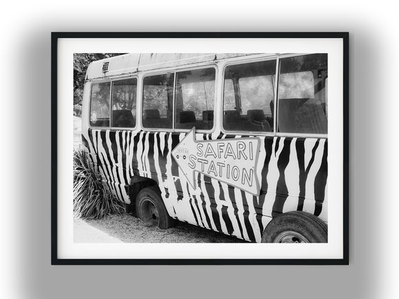 Abandoned Zebra-Striped Safari Station Van Black and White Photo Digital Download