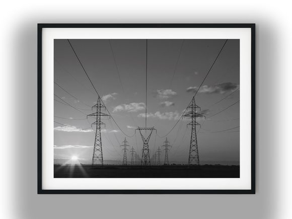 Transmission Towers and Power Lines at Sunset Black And White Photo Digital Download