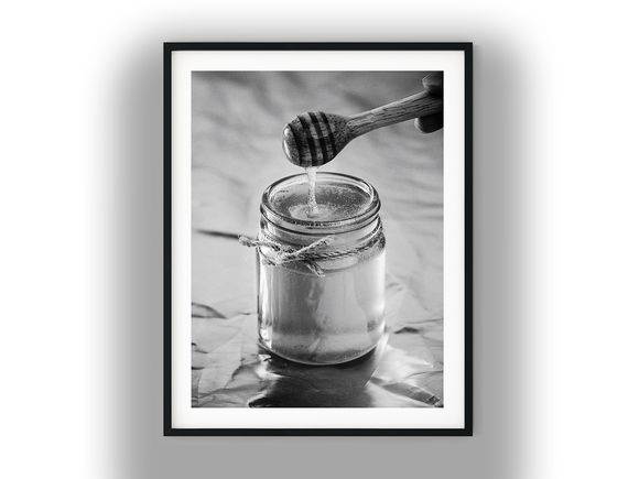 Honey Jar with Wooden Dipper Drizzling Honey Black And White Photo Digital Download