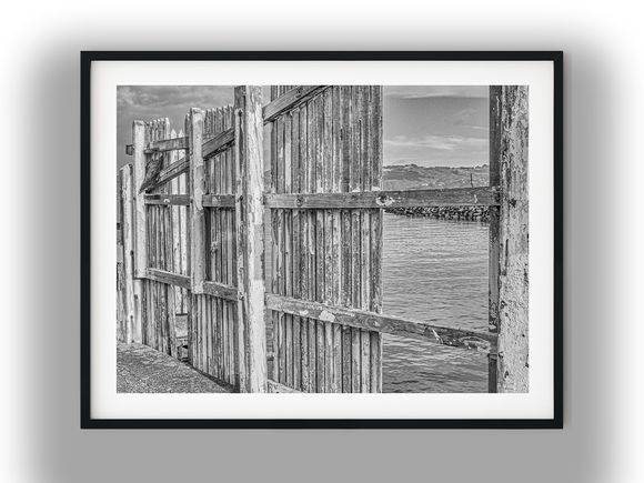 Weathered Wooden Fence Overlooking Coastal Water Black And White Photo Digital Download