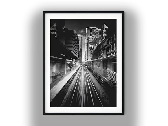 Speeding Train on Elevated City Metro Tracks Black and White Photo Digital Download