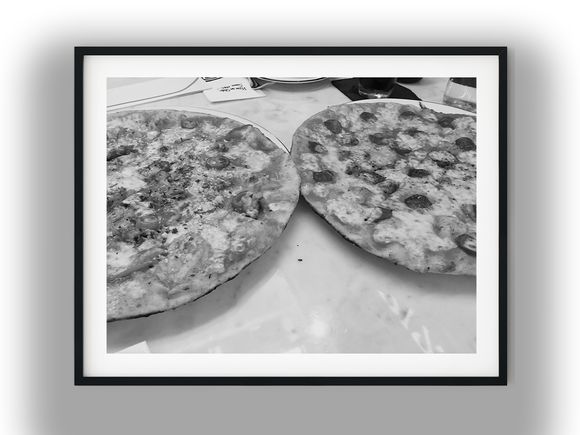 Two Thin-Crust Pizzas on a Marble Table Black and White Photo Digital Download