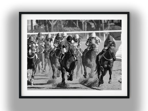 Thoroughbred Racehorses Galloping on Dirt Track Black And White Photo Digital Download
