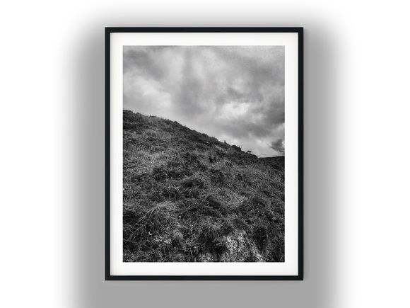 Grassy Hillside Slope Under Overcast Sky Black And White Photo Digital Download