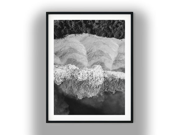 Aerial Shoreline Waves and Coastal Forest Black And White Photo Digital Download
