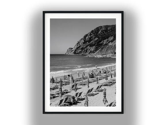 Italian Coastal Beach with Umbrellas and Cliffs Black And White Photo Digital Download