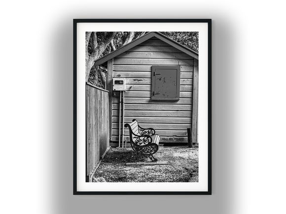 Ornate Garden Bench Outside Rustic Wooden Shed Black And White Photo Digital Download