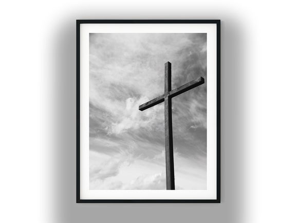 Wooden Christian Cross Against a Cloudy Sky Black And White Photo Digital Download