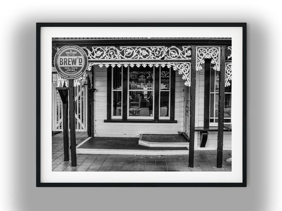 Brew'd Cafe Storefront with Victorian Lacework Black And White Photo Digital Download