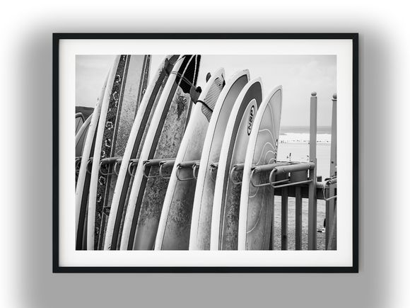 Surfboards Lined Up on Beach Boardwalk Rack Black and White Photo Digital Download