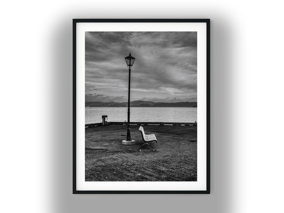 Vintage Lamppost and Bench on Coastal Pier Black And White Photo Digital Download