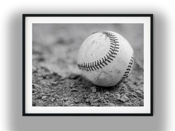 Vintage Worn Baseball on Infield Dirt Ground Black And White Photo Digital Download