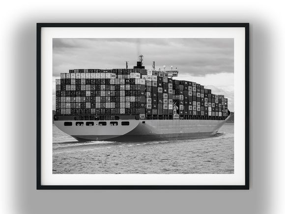 Fully Loaded Container Ship at Sea Black And White Photo Digital Download