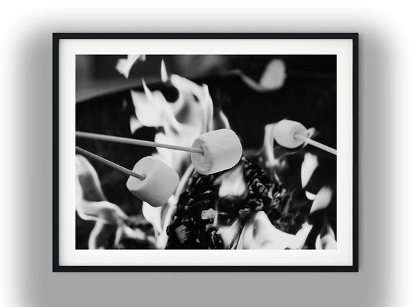 Marshmallows Roasting Over an Open Campfire Flame Black and White Photo Digital Download