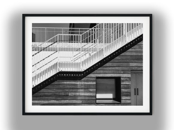 Modern Exterior Staircase Along Wood Siding Black And White Photo Digital Download