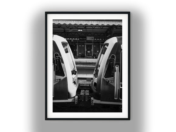 Coupled Trains Framing a Railway Station Platform Black and White Photo Digital Download