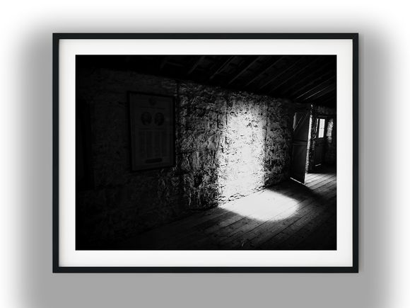 Sunlight Streaming Across Rustic Stone Barn Interior Black and White Photo Digital Download