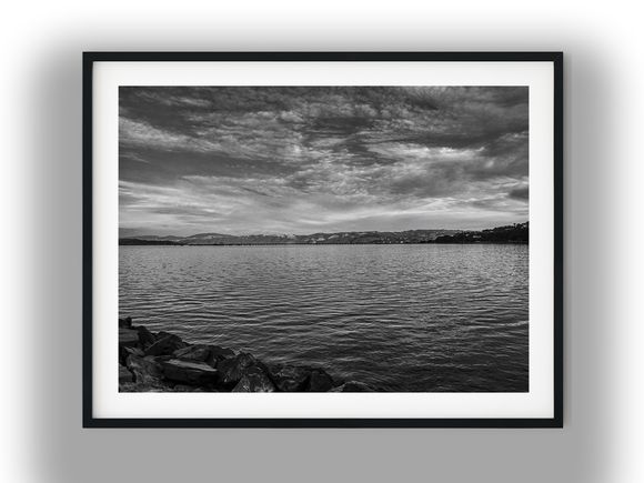 Rocky Shoreline View Across York Bay Black And White Photo Digital Download