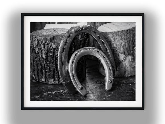 Rustic Iron Horseshoes on Cut Wood Logs Black And White Photo Digital Download