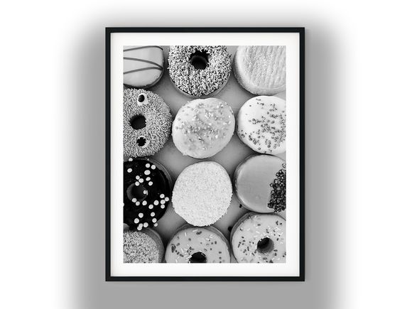 Assorted Gourmet Frosted and Sprinkled Donuts Black And White Photo Digital Download