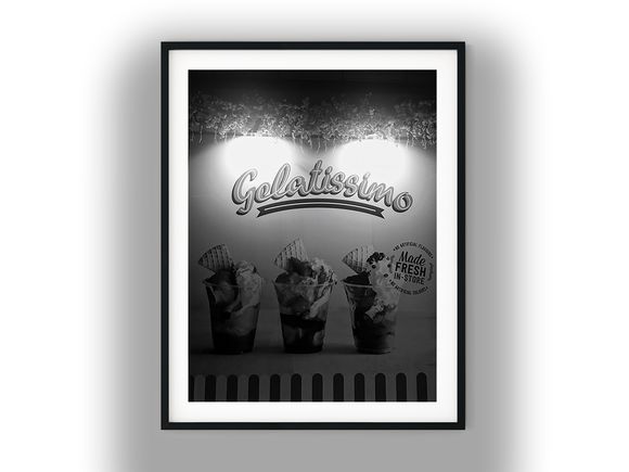 Three Gelato Sundaes Beneath Gelatissimo Sign Black and White Photo Digital Download