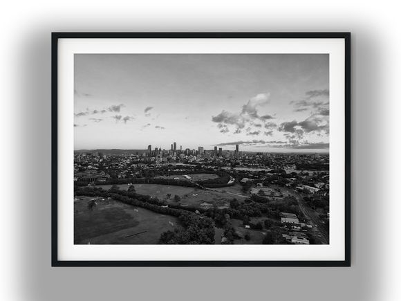 Aerial Brisbane City Skyline Across Norman Park Black and White Photo Digital Download