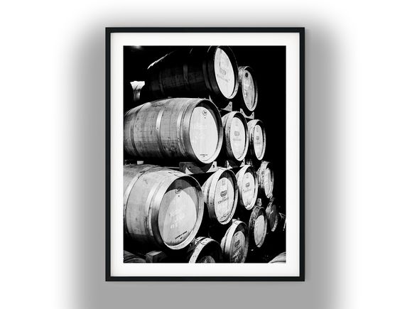 Stacked Oak Wine Barrels in Cellar Black and White Photo Digital Download