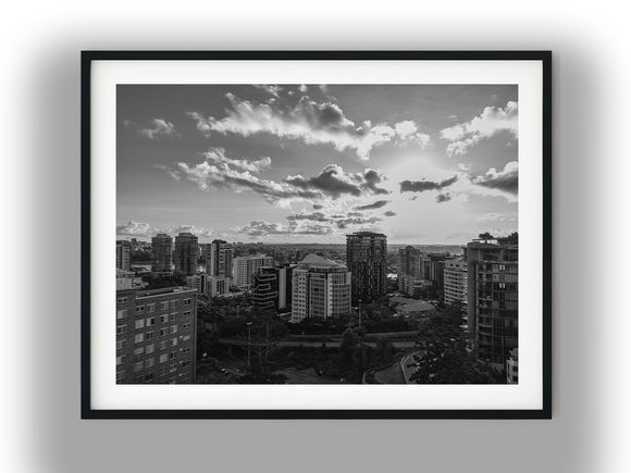 Sunlit Kangaroo Point Skyline Under Clouds Black And White Photo Digital Download