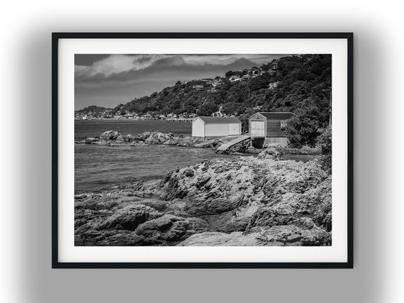 Coastal Boatsheds at Scorching Bay, Wellington Black And White Photo Digital Download