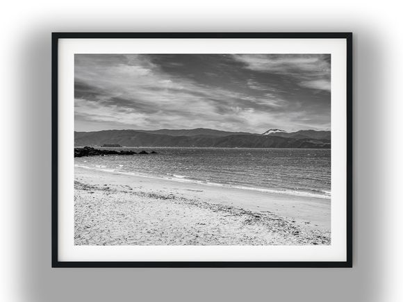 Scorching Bay Coastline and Distant Hills Black And White Photo Digital Download