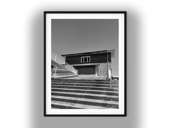 Concrete Outdoor Staircase Leading to Stucco Building Black And White Photo Digital Download