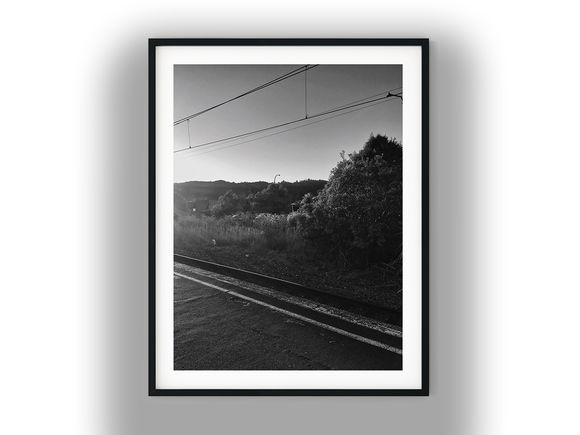 Train Station Platform Facing Sunlit Trees Black And White Photo Digital Download