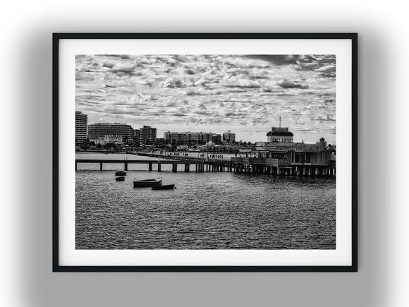 St Kilda Pier Kiosk and Moored Boats Black and White Photo Digital Download